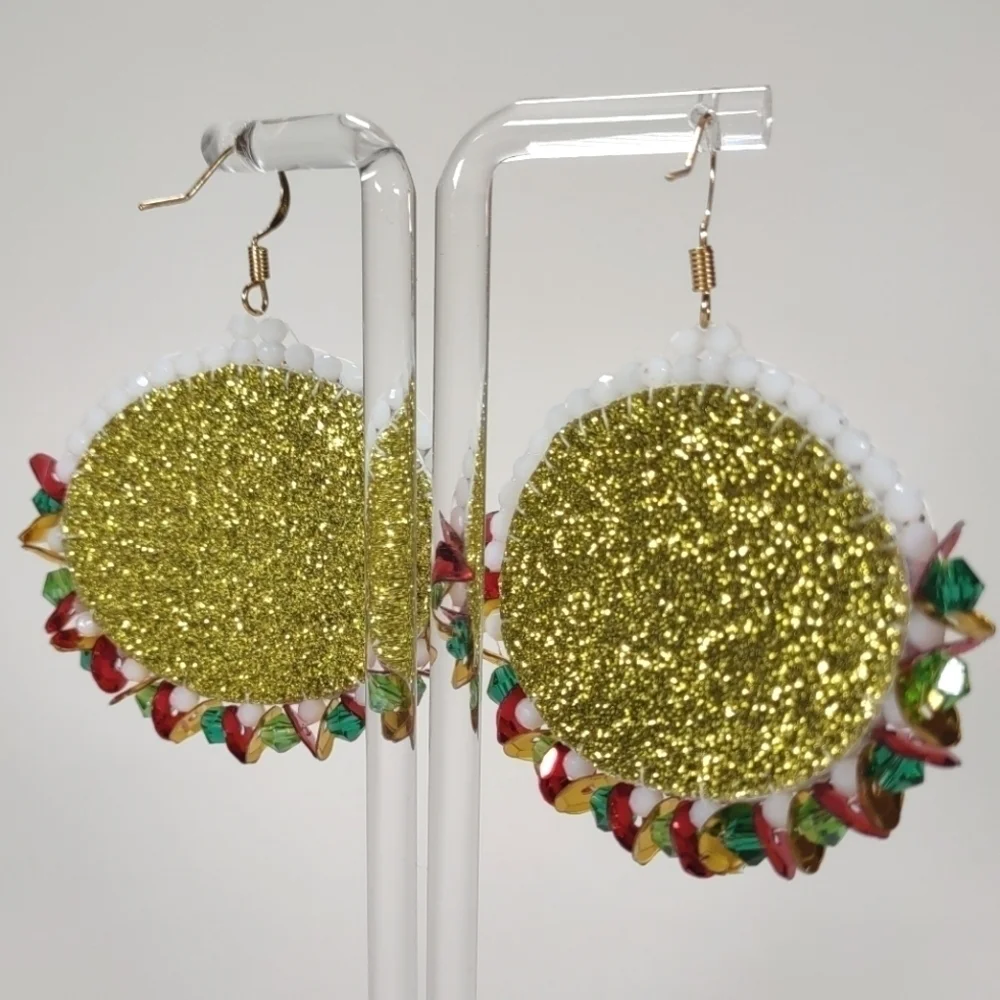 Handmade Beaded Oval With Green Accents Christmas Themed Fishhook Post Earrings
